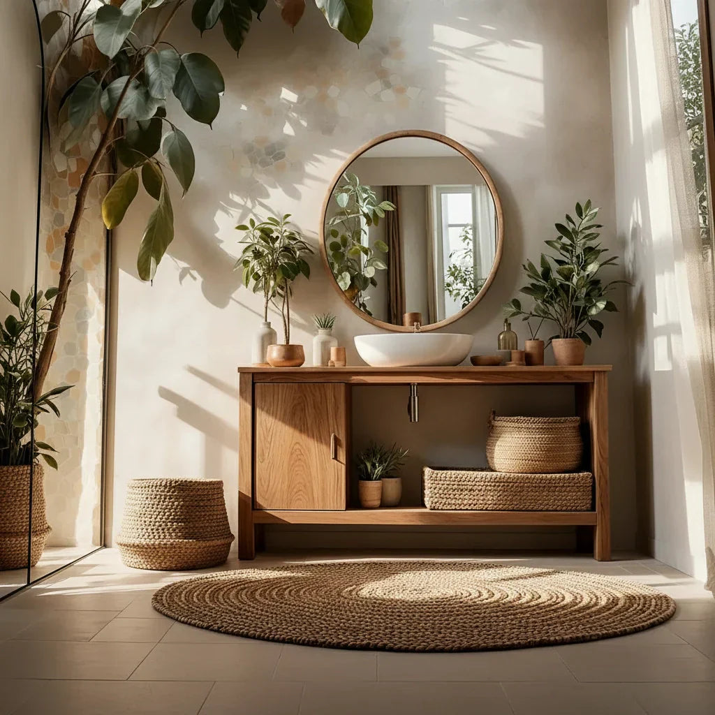 Minimal Solid Wood Bathroom Vanity with Sliding Door and Open Shelf