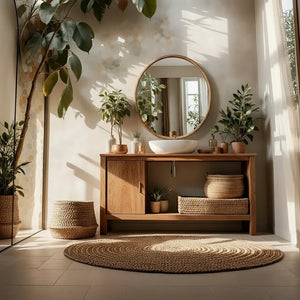Minimal Solid Wood Bathroom Vanity with Sliding Door and Open Shelf