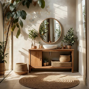 Minimal Solid Wood Bathroom Vanity with Sliding Door and Open Shelf