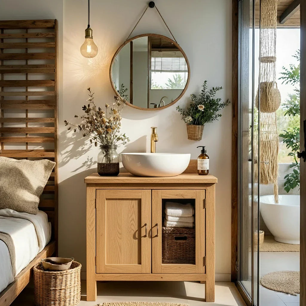 Solid Wood Bathroom Vanity Cabinet with Open Shelf for Small Spaces