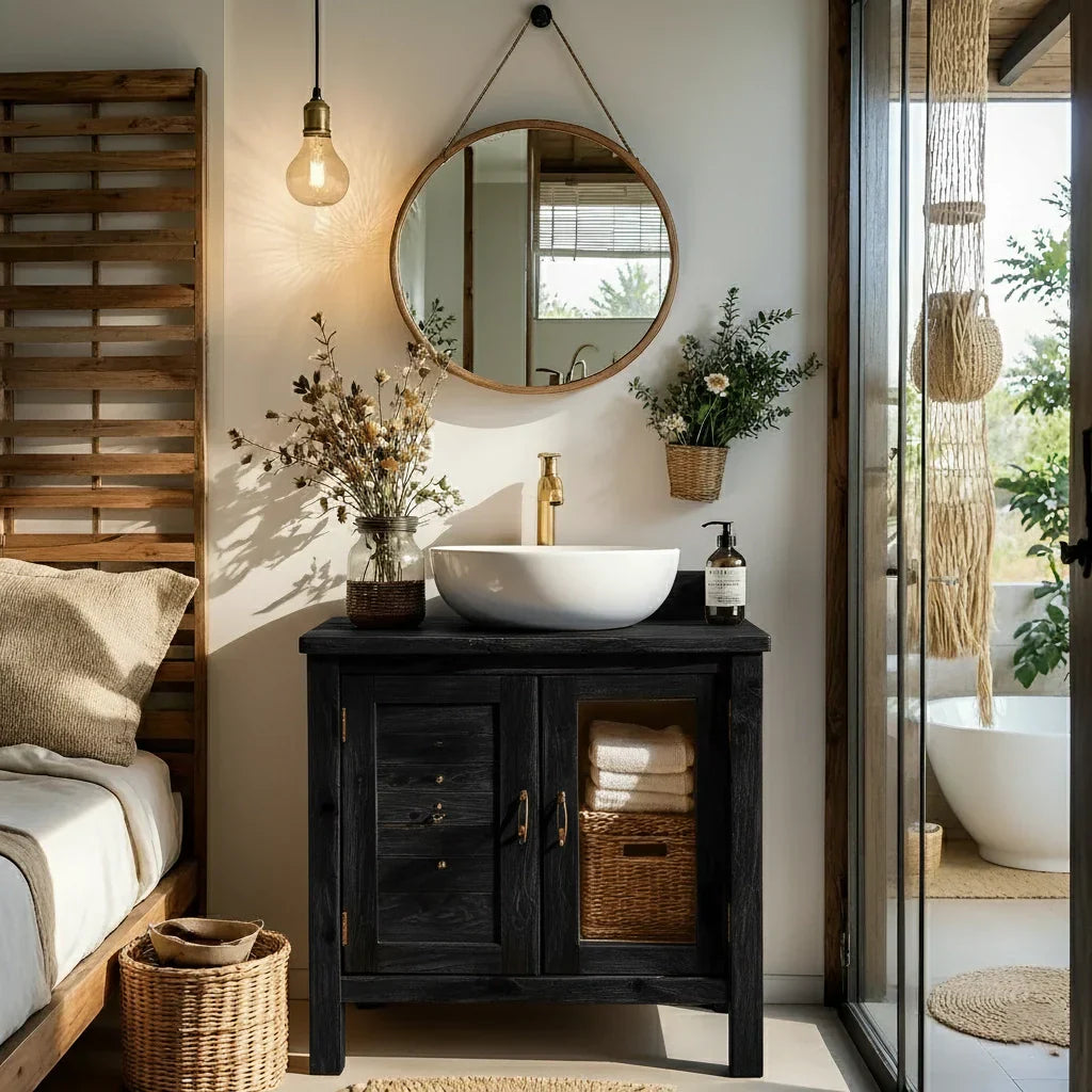 Solid Wood Bathroom Vanity Cabinet with Open Shelf for Small Spaces