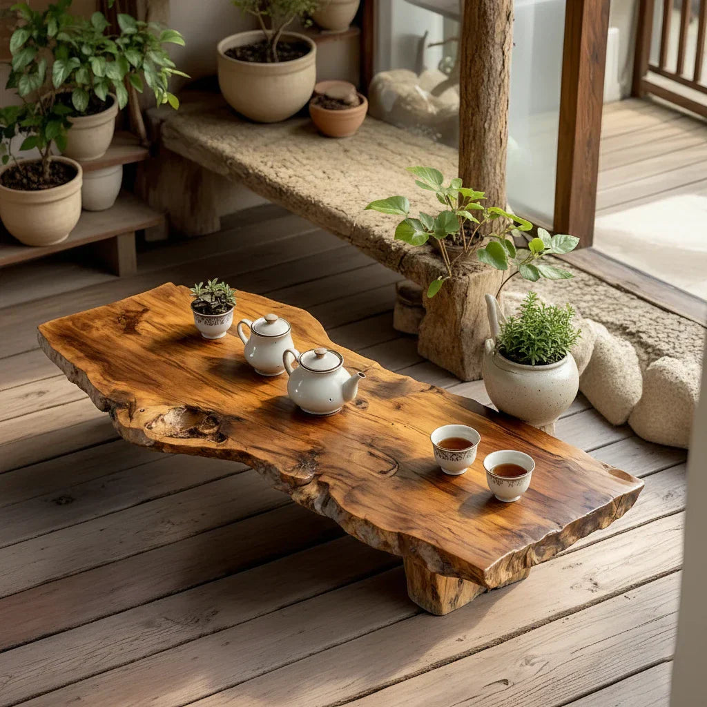 Natural Live Edge Solid Wood Tea Table for Covered Patio