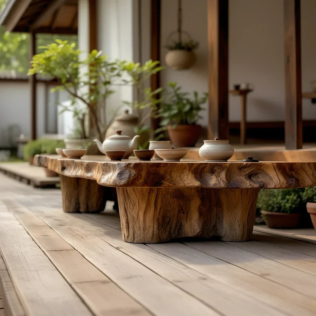 Live Edge Solid Wood Tea Table for Garden Terrace