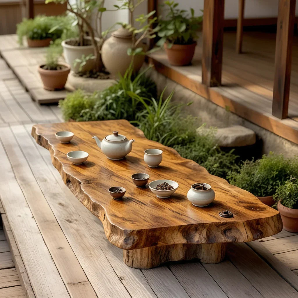 Live Edge Solid Wood Tea Table for Garden Terrace