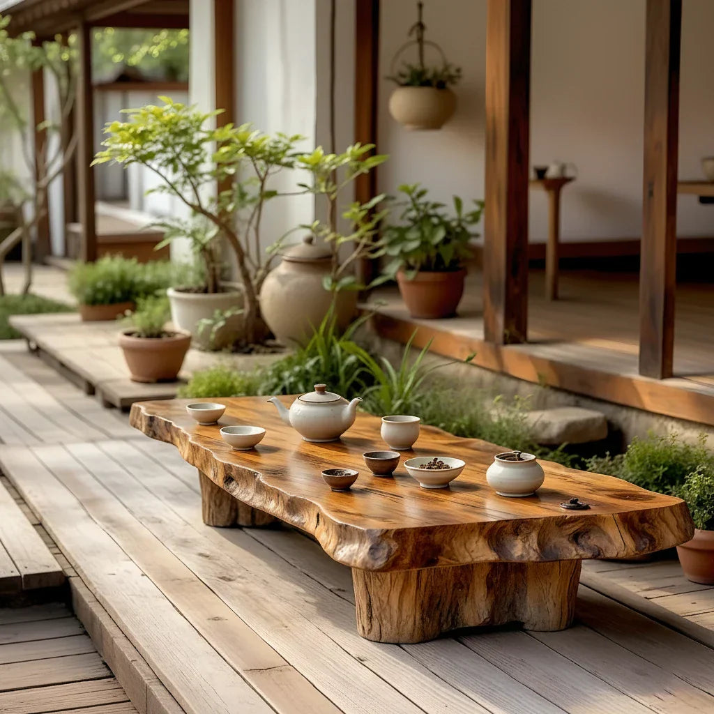 Live Edge Solid Wood Tea Table for Garden Terrace