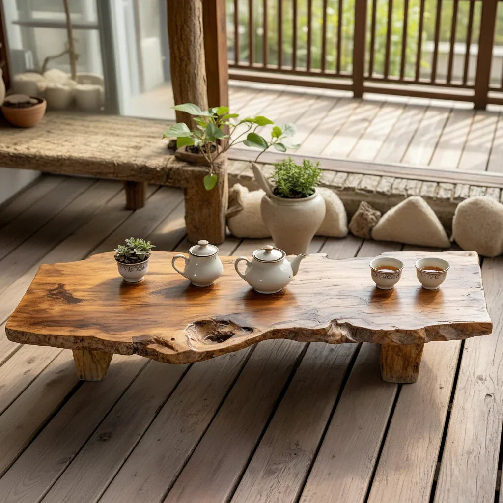 Natural Live Edge Solid Wood Tea Table for Covered Patio