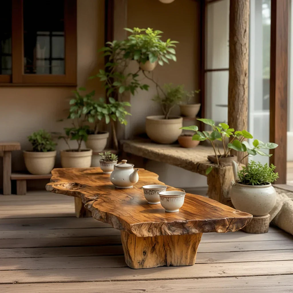 Natural Live Edge Solid Wood Tea Table for Covered Patio
