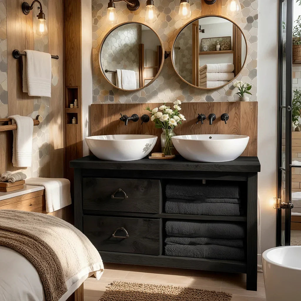 Double Solid Wood Bathroom Vanity with Drawers and Open Towel Shelf