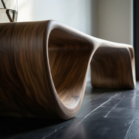 Curved Solid Wood Bench with Open Arch Base for Modern Hallway
