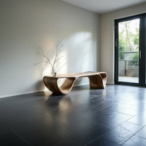 Curved Solid Wood Bench with Open Arch Base for Modern Hallway