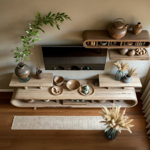 Curved-Edge Low Media Console with Open Display Compartments
