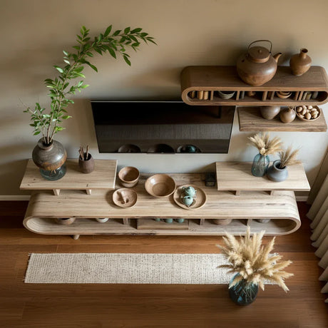 Curved-Edge Low Media Console with Open Display Compartments
