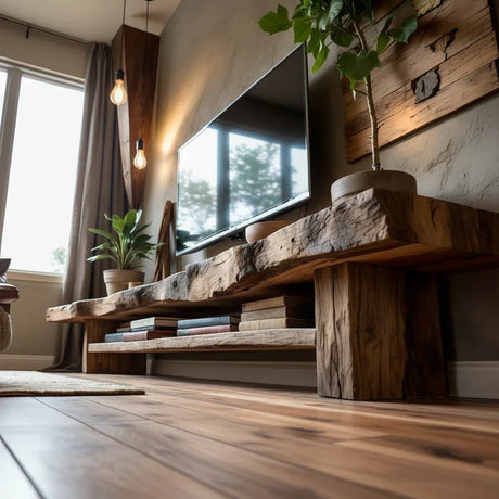 Live-Edge Style TV Console with Thick Slab Top & Open Shelf