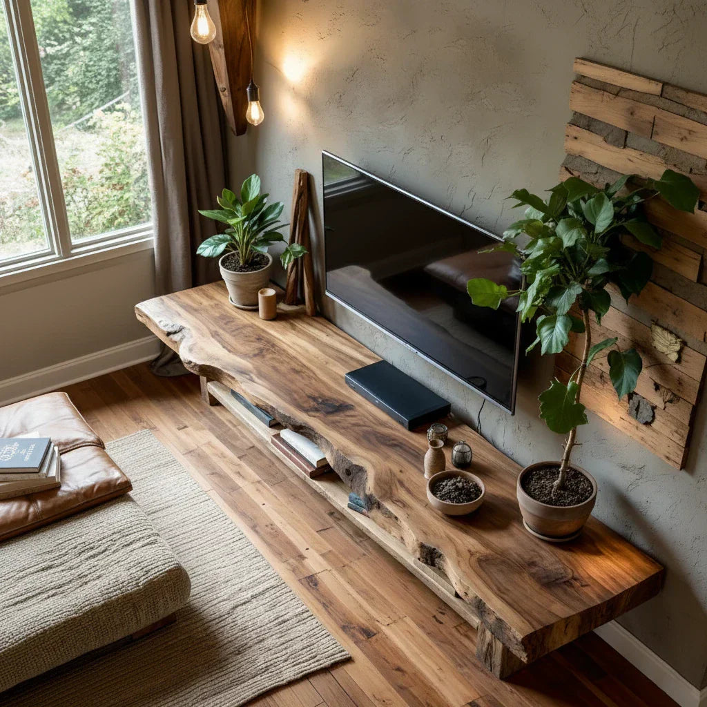 Live-Edge Style TV Console with Thick Slab Top & Open Shelf