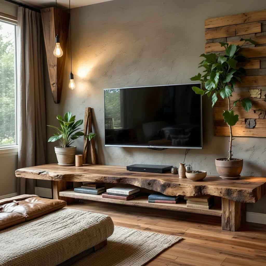 Live-Edge Style TV Console with Thick Slab Top & Open Shelf
