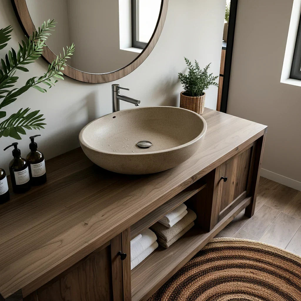 Long Solid Wood Bathroom Vanity with Open Shelf for Spa-Inspired Decor