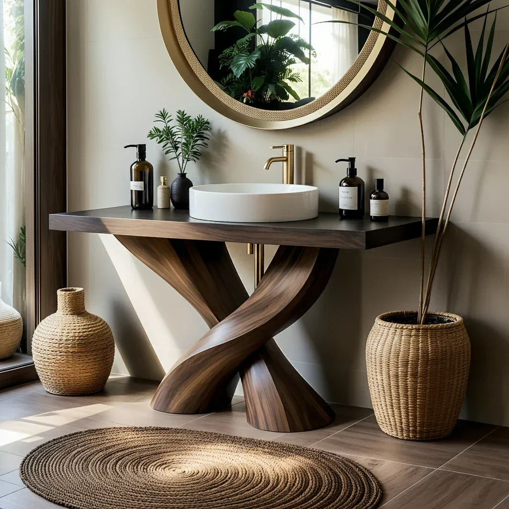 Sculptural Solid Wood Bathroom Vanity with Twisted Base