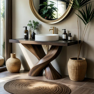 Sculptural Solid Wood Bathroom Vanity with Twisted Base