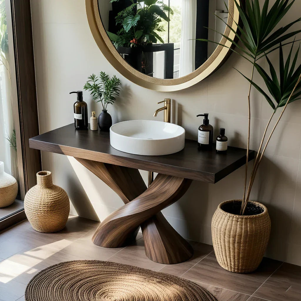 Sculptural Solid Wood Bathroom Vanity with Twisted Base
