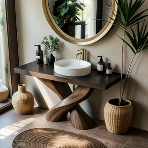 Sculptural Solid Wood Bathroom Vanity with Twisted Base