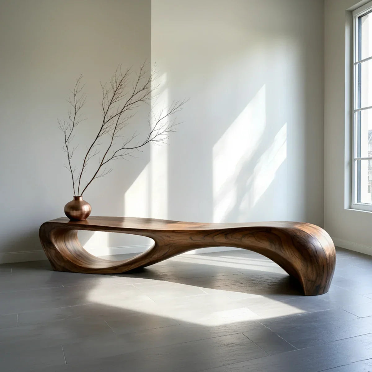 Organic Solid Wood Bench with Flowing Arch Base for Modern Space