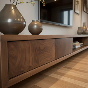Floating-Style Wood TV Console with Drawers & Open Center Shelf