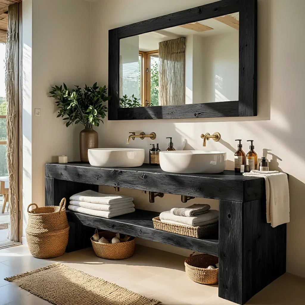 Double Solid Wood Bathroom Vanity with Open Shelf for Modern Home