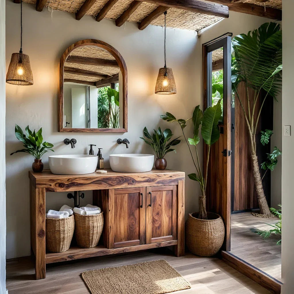 Natural Wood Double Vanity for Island Retreat Bathrooms