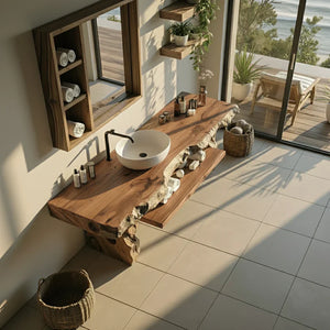 Live Edge Solid Wood Bathroom Vanity with Open Shelf