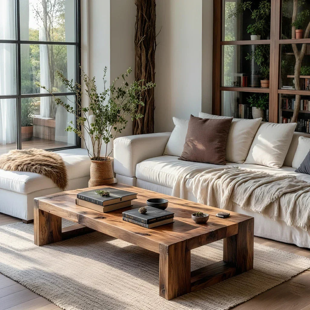 Solid Wood Coffee Table with Open Base for Bright Living Rooms