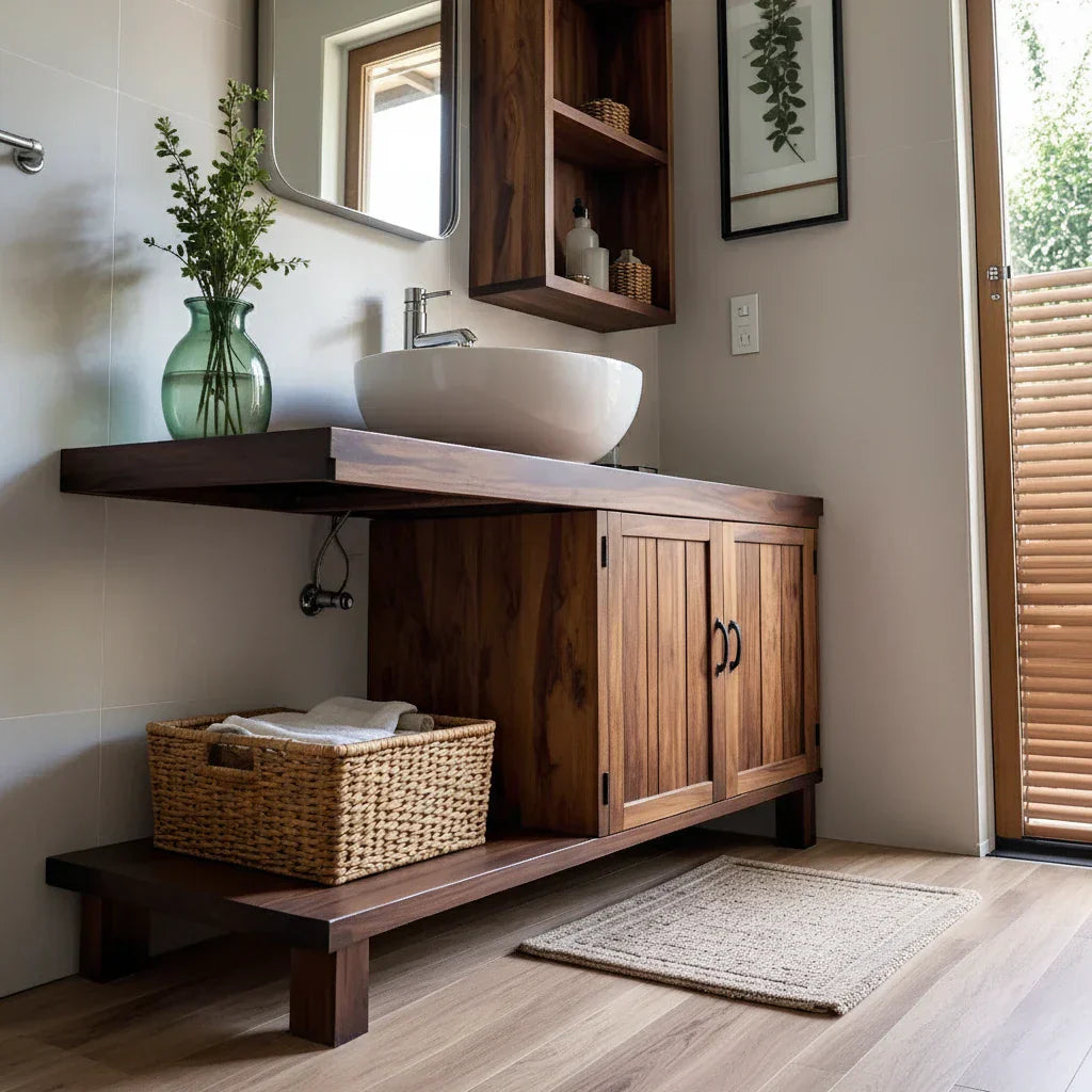 Organic Solid Wood Vanity with Extended Counter for a Calm Bathroom