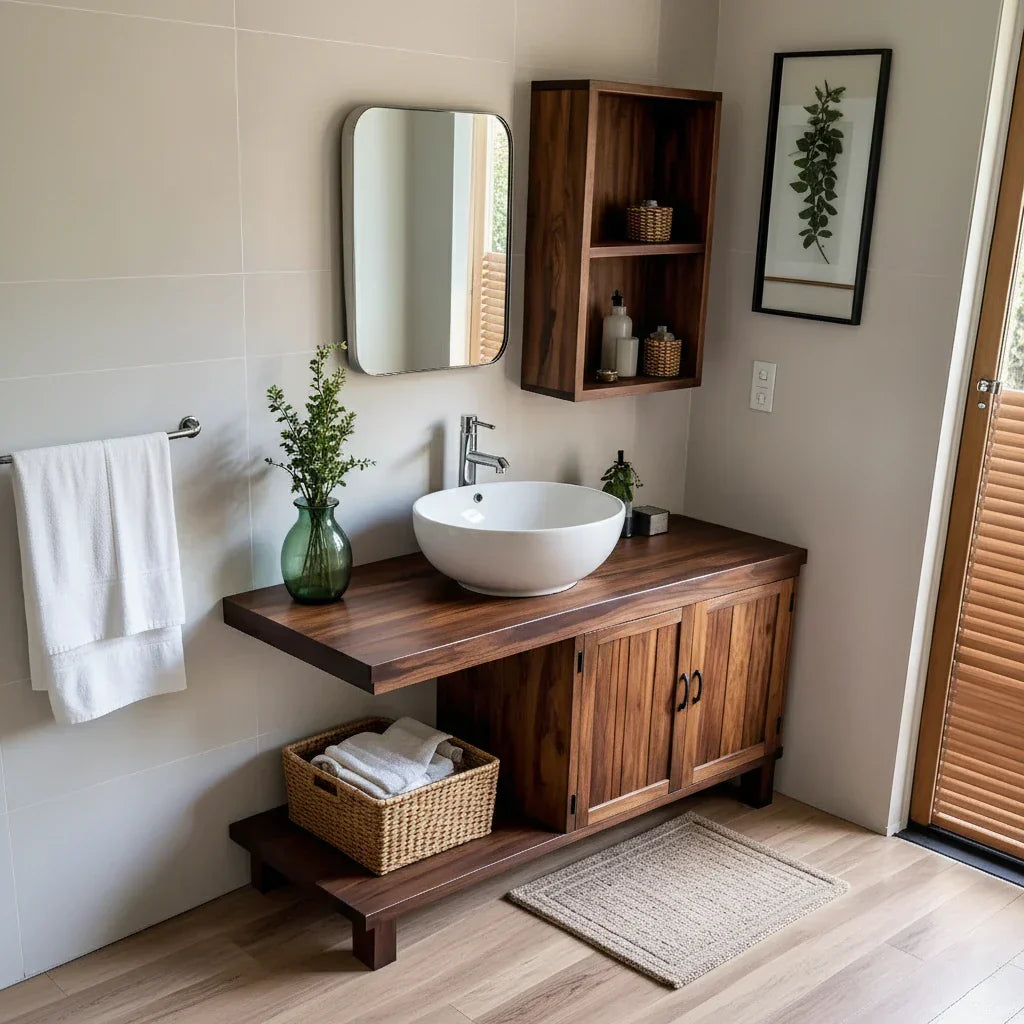 Organic Solid Wood Vanity with Extended Counter for a Calm Bathroom