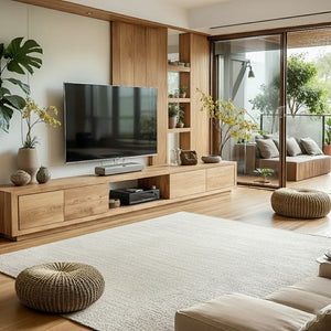 Modern Wood TV Console with Drawers & Open Media Bay