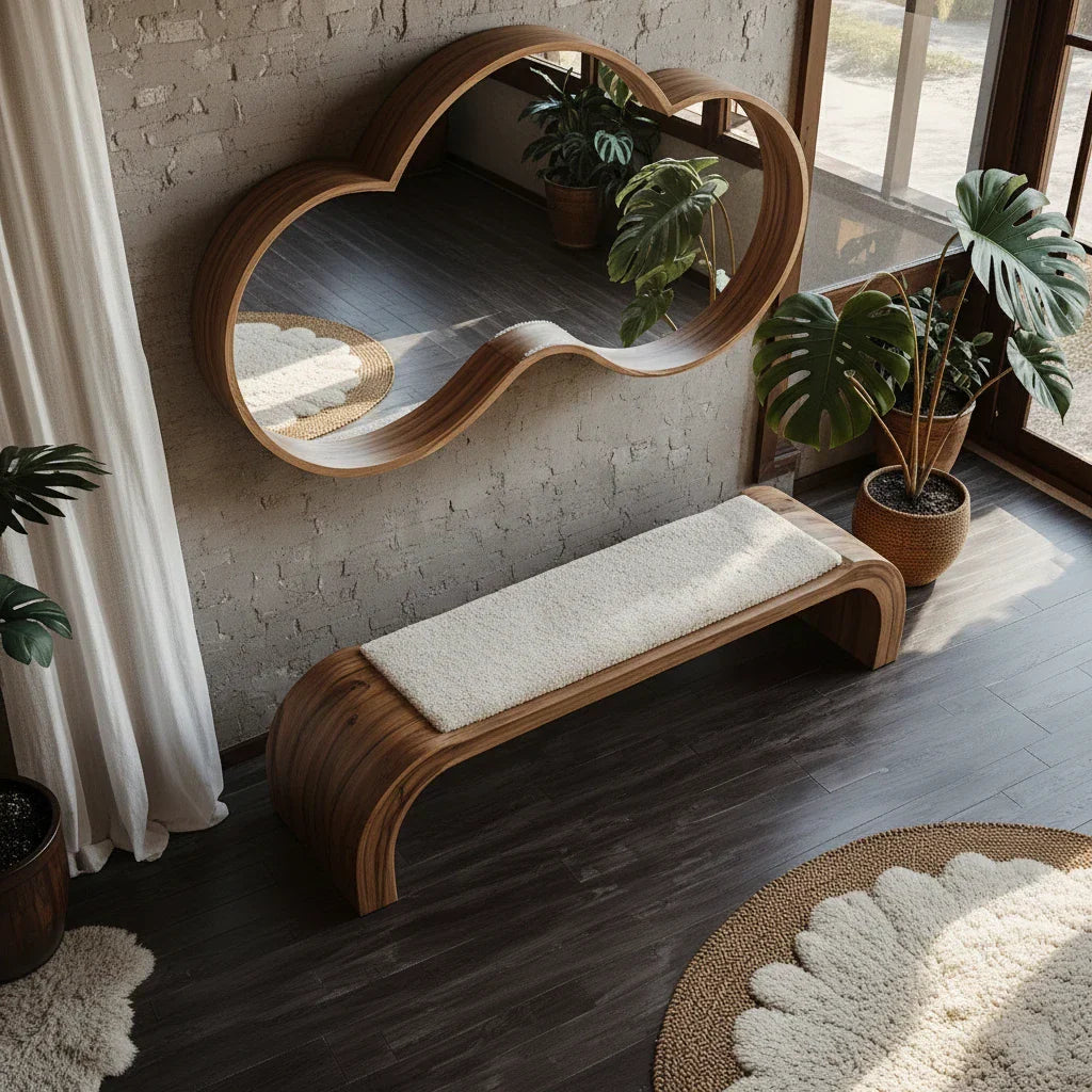 Curved Solid Wood Bench with Sculptural Profile for Modern Entryway