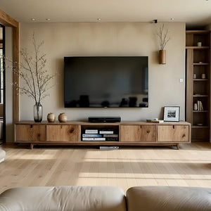 Natural Wood Media Console with Knotty Panels & Open Center Bay