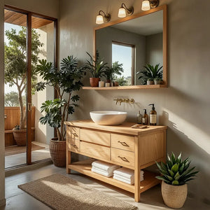 Solid Wood Bathroom Vanity with Drawers and Open Shelf for Japandi Bath