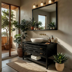 Solid Wood Bathroom Vanity with Drawers and Open Shelf for Japandi Bath