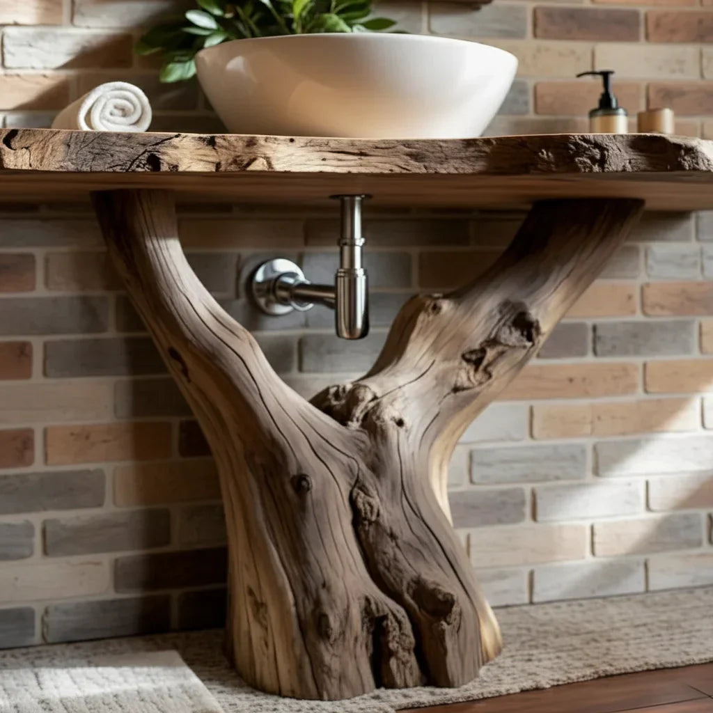 Live Edge Wood Vanity with Trunk-Style Pedestal Base
