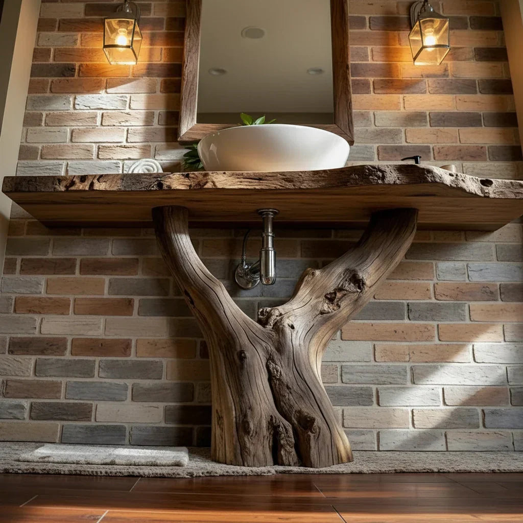 Live Edge Wood Vanity with Trunk-Style Pedestal Base