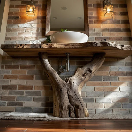 Live Edge Wood Vanity with Trunk-Style Pedestal Base