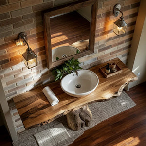 Live Edge Wood Vanity with Trunk-Style Pedestal Base