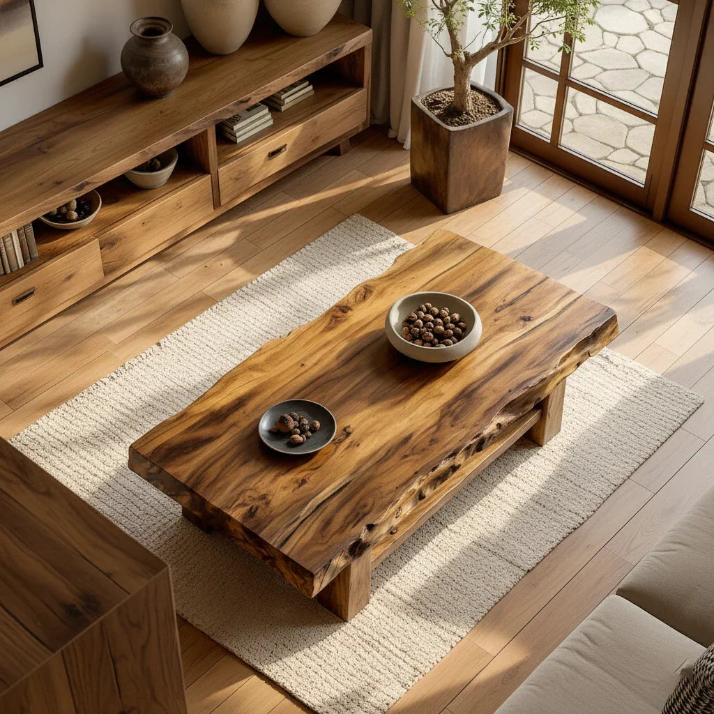 Live-Edge Solid Wood Coffee Table with Lower Shelf