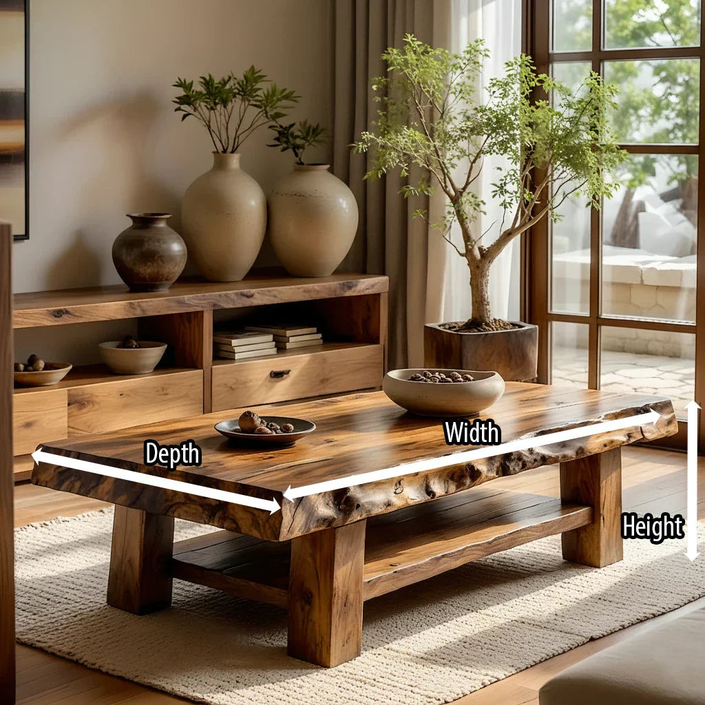 Live-Edge Solid Wood Coffee Table with Lower Shelf