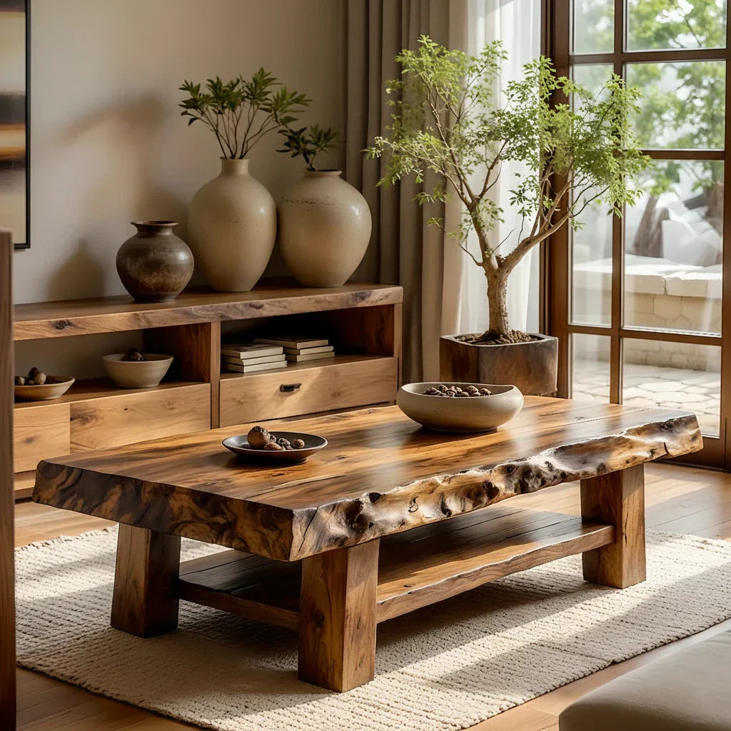 Live-Edge Solid Wood Coffee Table with Lower Shelf