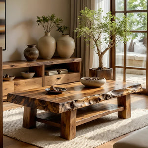 Live-Edge Solid Wood Coffee Table with Lower Shelf
