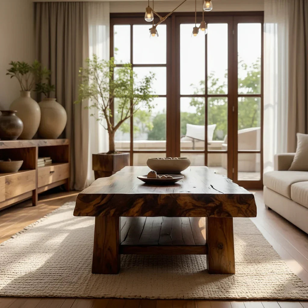 Live-Edge Solid Wood Coffee Table with Lower Shelf
