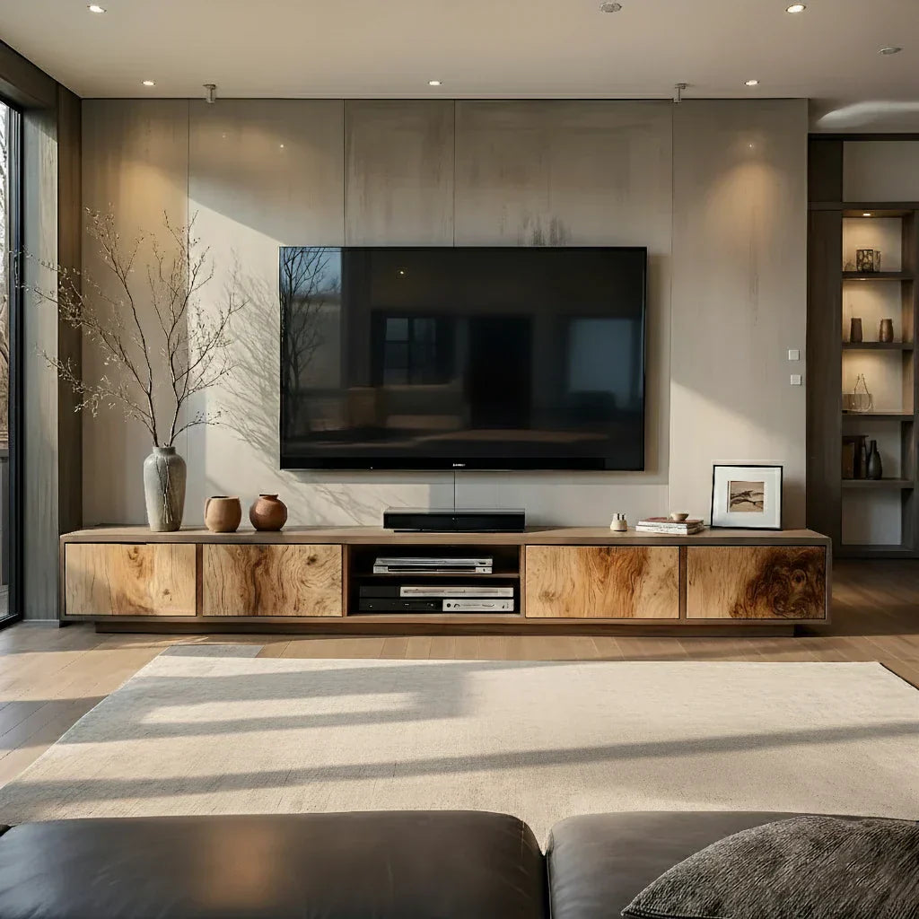 Natural Wood Media Console with Patchwork Grain Panel Front