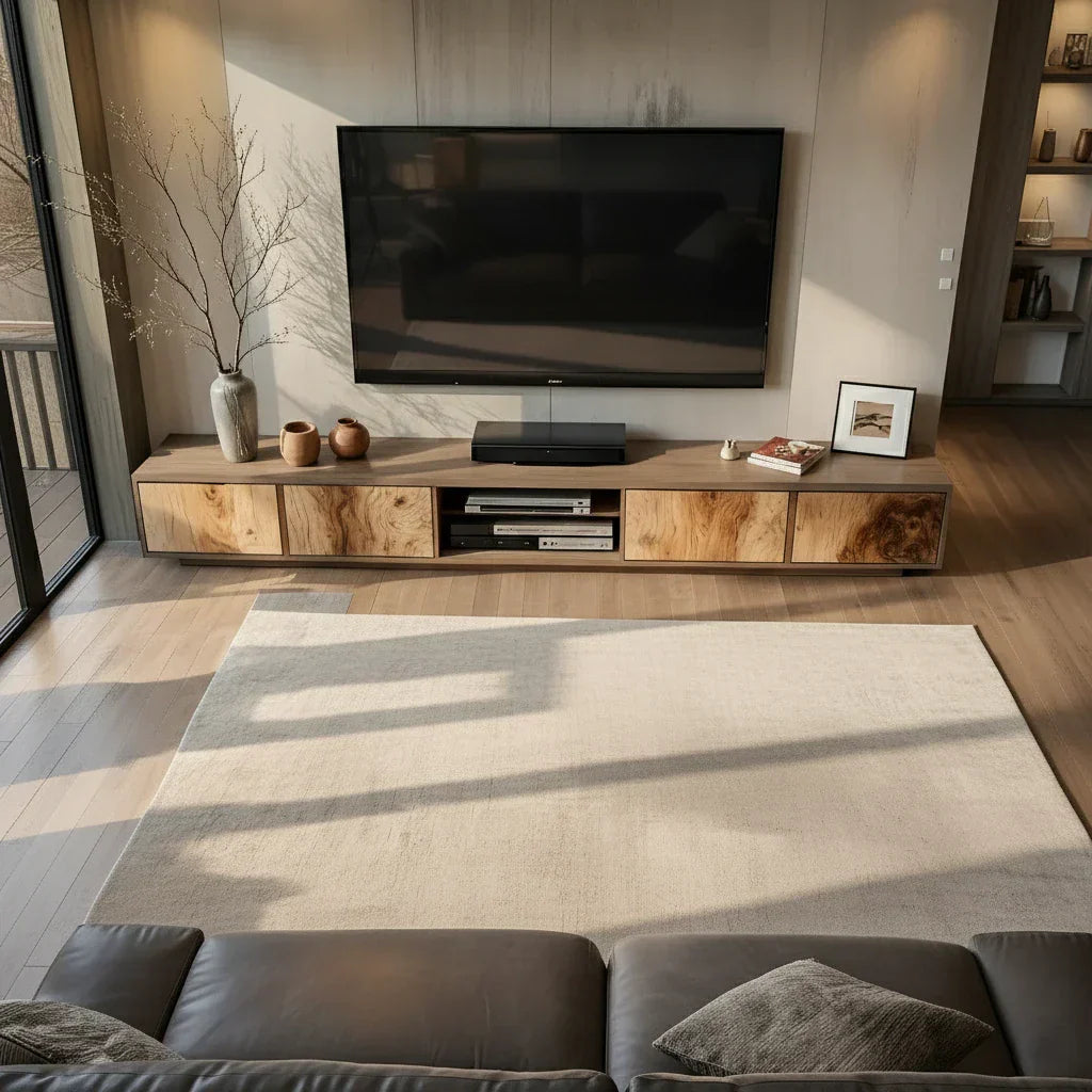 Natural Wood Media Console with Patchwork Grain Panel Front