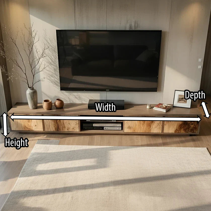 Natural Wood Media Console with Patchwork Grain Panel Front