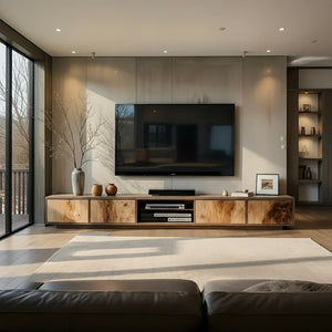 Natural Wood Media Console with Patchwork Grain Panel Front